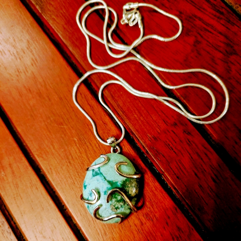 Blue Turquoise Pendant On Sterling Silver Chain Necklace 24"
